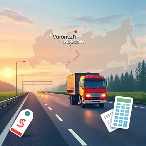 A realistic illustration of a tow truck driving on a highway with a subtle map outline of Russia showing the route between Voronezh and Moscow, accompanied by visual symbols like a price tag and a calculator to convey cost, without any textual labels or numbers.