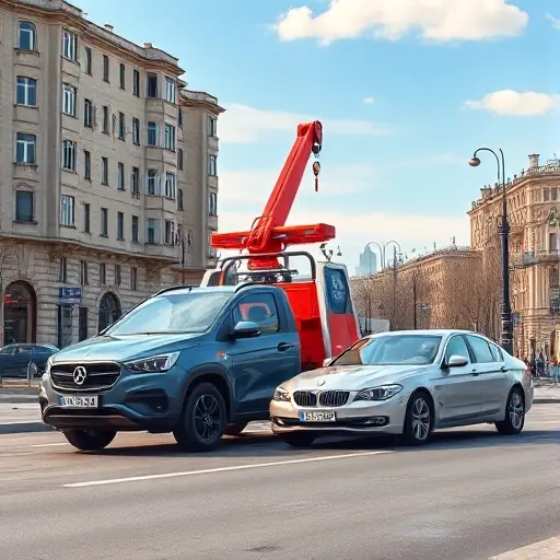 A realistic smallHQ illustration of a tow truck (evakuator) parked on a Moscow street near the viewer, with a brand‑new car and a broken car positioned beside it, showing the tow truck’s hook and crane ready to transport either vehicle. The background includes typical Moscow architecture such as stone apartment buildings and street lamps under a clear sky, emphasizing the need for vehicle transportation.