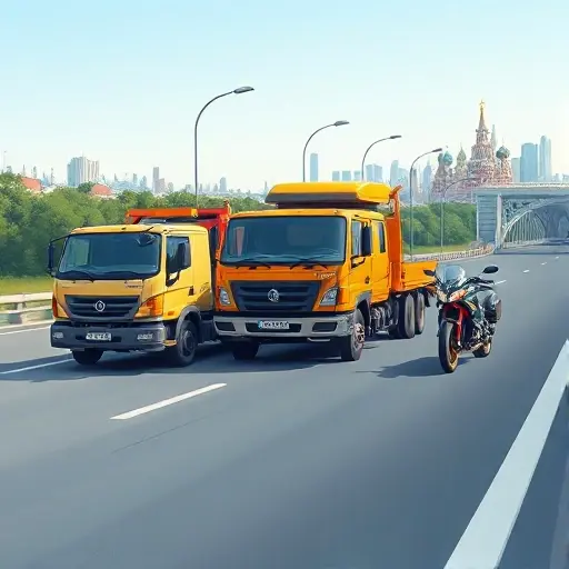 A realistic illustration showing three types of tow vehicles side by side on a highway: a compact passenger car tow truck, a robust cargo truck tow vehicle, and a specialized motorcycle tow unit, with a subtle background hint of a road stretching from a cityscape representing Voronezh to another representing Moscow, all rendered in the smallHQ style, without any text or signage