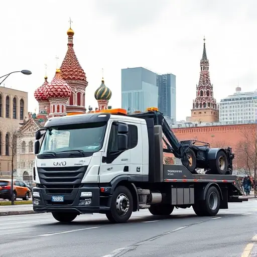 A modern tow truck parked on a Moscow street with the iconic Moscow skyline in the background, subtle futuristic data visualization overlay indicating market growth, no text or numbers, in a clean, realistic style