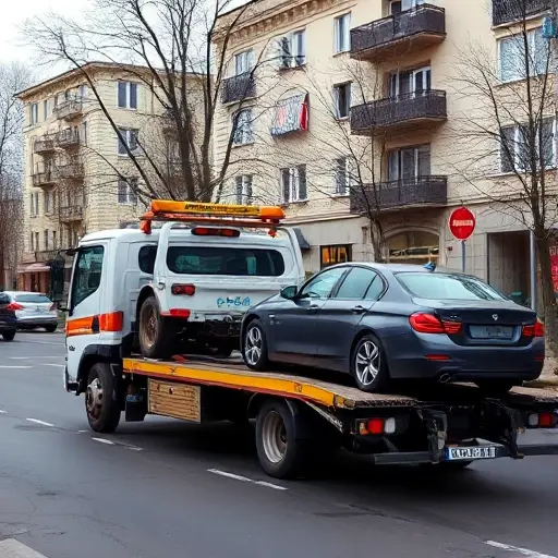 A tow truck parked on a street in the Moskvorechye-Saburovo district, with a car being towed, showing the local urban environment and nearby buildings, no text or logos