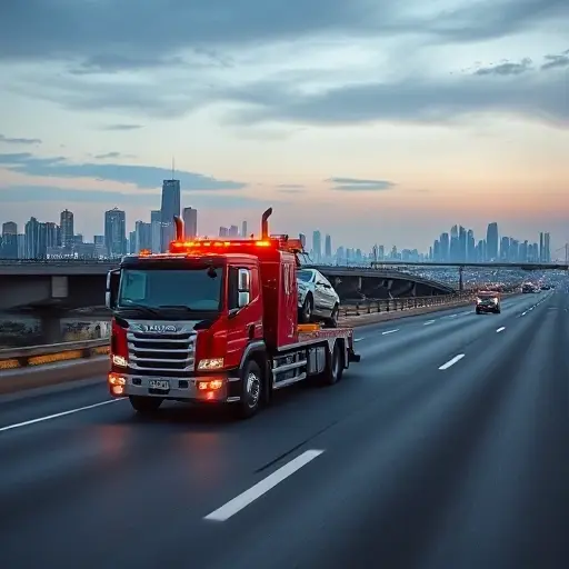 A tow truck with a full loading platform carrying a car, driving on a highway between two cities with distant city skylines in the background, no people or text visible