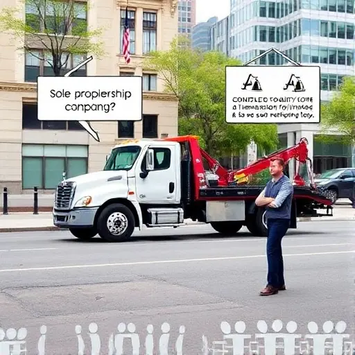 A tow truck parked on a city street, with a thoughtful owner standing beside it holding a clipboard. In the background, a split scene shows two options: one side with a simple icon representing a sole proprietorship, the other side with a group of figures symbolizing a limited liability company. The scene conveys the decision between individual ownership and a corporate structure, using visual cues such as a balance scale or a decision tree, all without any written text or numbers.