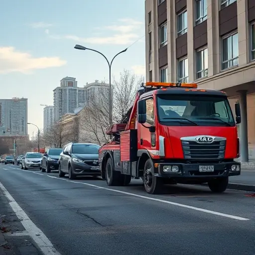 A realistic scene of a tow truck parked beside a damaged car on a quiet urban street named Alley of Cosmonauts, with subtle hints of a recent accident such as a dented vehicle and scattered debris, under a clear sky and city buildings in the background, captured in the smallHQ style