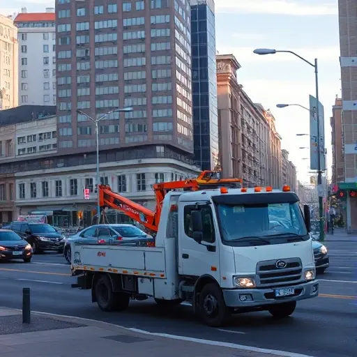 A realistic city scene on a busy Moscow street, featuring a modern tow truck parked beside the curb with its boom extended, surrounded by typical urban buildings, streetlights, and traffic, under a clear sky, without any visible text, signs, or logos