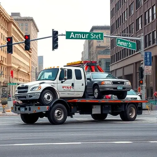 A realistic depiction of a tow truck parked on Amur Street, fully loaded with a vehicle, in an urban setting with city buildings and traffic lights, showing the tow truck's equipment and the loaded vehicle, with a clear view of the street and surrounding environment.