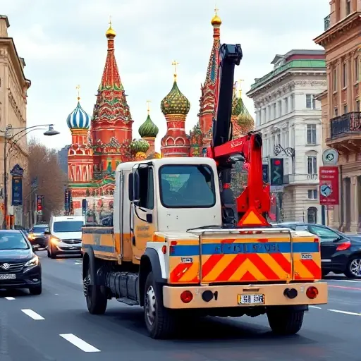 Эвакуатор в Москве – цена и факторы, влияющие на расчет поездки A realistic smallHQ style illustration of a tow truck (evakuator) driving through a Moscow street with recognizable landmarks such as the Kremlin or St. Basil's Cathedral in the background, showing traffic and city atmosphere, focusing on the vehicle and urban setting