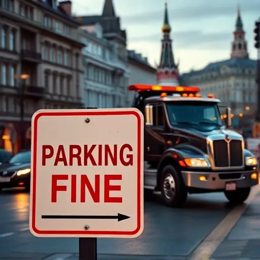 эвакуатор москва штрафстоянка A realistic tow truck parked on a Moscow street, with a prominent parking fine sign in the foreground. The background shows typical Moscow architecture and a cityscape with subtle evening lighting. The scene should capture the atmosphere of a busy urban area, with the tow truck’s reflective surfaces and the fine sign’s red and white colors clearly visible. No text, letters, or digits should appear in the image.