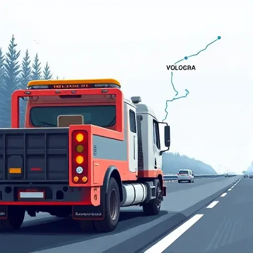 A realistic smallHQ style illustration of a tow truck (evacuator) traveling on a highway, with a subtle background hint of a road map connecting Moscow and Vologda, focusing on the vehicle type, showing the truck's hook and trailer, no text or logos.