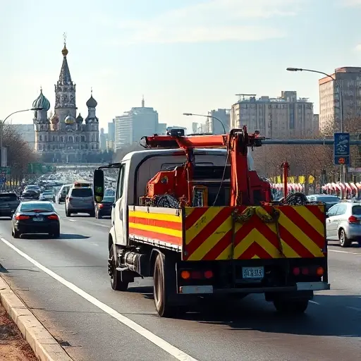 эвакуатор москва подмосковье A realistic scene of a tow truck (evakuator) operating on a busy road near Moscow, with recognizable Moscow architecture such as a Kremlin silhouette or typical Soviet-era apartment blocks in the background, clear sky, and the tow truck prominently featured, no text or signage
