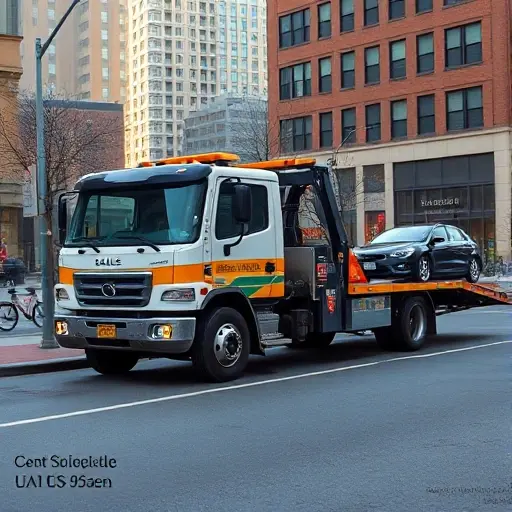 категория эвакуатора газель A realistic depiction of a Gazelle tow truck parked on a city street, with a car being towed, no people or text in the scene