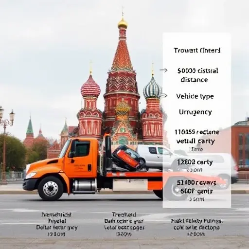 A tow truck parked in front of a recognizable Moscow landmark, with subtle visual cues indicating cost factors such as distance, time, vehicle type, and urgency, all depicted without any textual labels