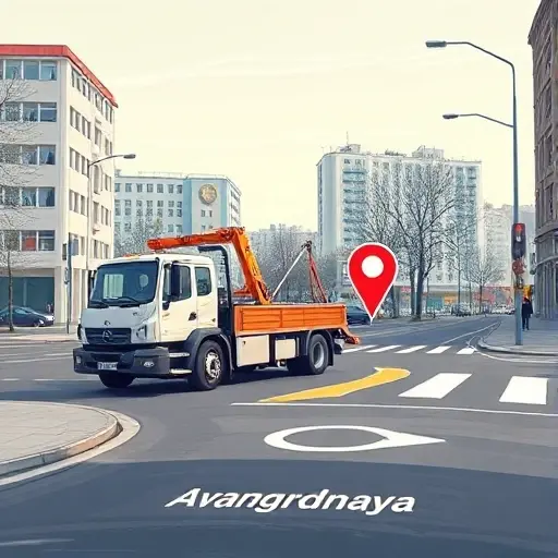 A realistic smallHQ style illustration of a tow truck parked on Avangardnaya Street, with a highlighted exact location marker on the road, city buildings in the background, clear sky, no text or signage
