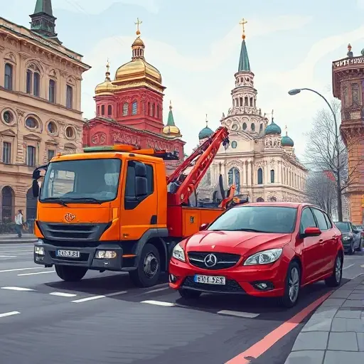 A realistic depiction of a tow truck parked beside a broken-down car on a city street, with iconic Moscow or Saint Petersburg architecture in the background, showing a clear sense of urgency and mechanical detail, no text or logos, in a high-quality, detailed illustration style.