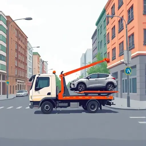 A realistic illustration of a tow truck (evacuator) parked on a city street named 3rd Bogatyrskaya Street, with a car being lifted onto the truck's platform, surrounded by urban buildings, street lamps, and a subtle street sign without readable text, captured in a compact high-quality style.