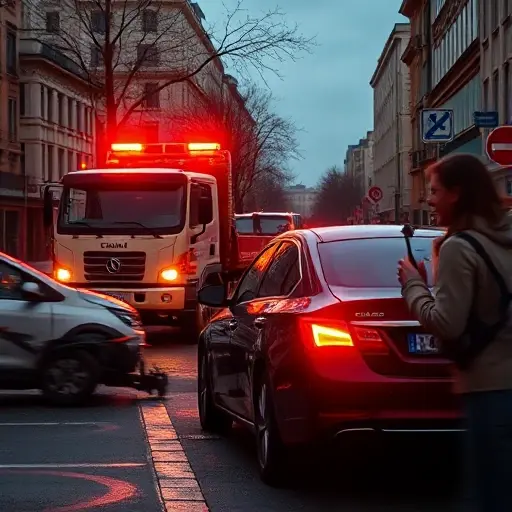 A realistic scene of a tow truck (evacuator) on a city street called Avangardnaya, with a recent traffic accident: a damaged car on the side, flashing emergency lights, surrounding buildings and street details, and a person holding a phone to call for help, all without any visible text, letters, or numbers