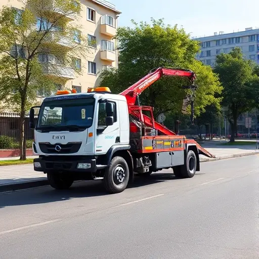 A realistic depiction of a modern tow truck (evacuator) parked on a quiet street in the Medvedkovo district of Moscow, with typical Russian apartment buildings and tree-lined sidewalks in the background, under a clear sky. The focus is on the vehicle type, showing its robust chassis, crane, and towing equipment, without any text, logos, or people.
