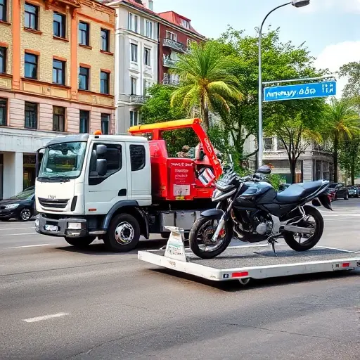 A tow truck parked on Angarskaya Street, with a motorcycle being towed by a specialized tow vehicle. The scene shows the street with typical urban buildings, a clear sky, and the tow truck's front and side visible. The motorcycle is attached to the tow truck with a tow strap. The background includes a city street sign, trees, and a few parked cars. The image should emphasize the tow truck and motorcycle, with a clean, realistic style.