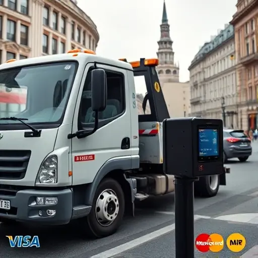 A modern tow truck parked on a Moscow street with recognizable city landmarks, the driver using a contactless payment terminal to accept a bank card; the scene shows the card being tapped, with subtle hints of Visa, Mastercard and MIR colors but no visible logos or text, focusing on the cashless transaction in an urban setting.