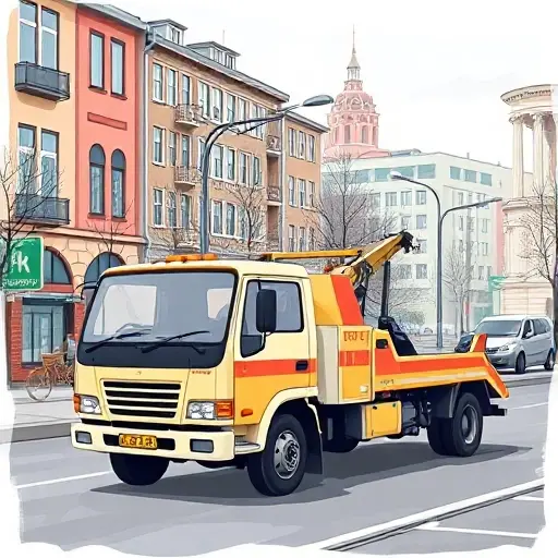 A realistic smallHQ style illustration of a tow truck parked on a Moscow street in the North-West district, with typical city buildings and a road background, conveying a sense of affordable service through subtle visual cues like a small price tag icon, without any text or logos.