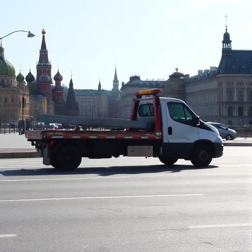 Аренда эвакуатора без водителя на сутки в Москве: Полное руководство A tow truck without a driver parked on a Moscow street, with the silhouette of the Kremlin and typical Moscow buildings in the background, under a clear sky, conveying the idea of a full-day rental service