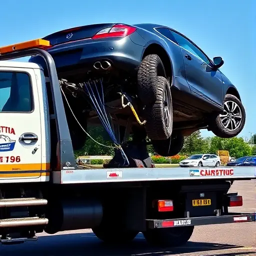 A tow truck in action, lifting a vehicle onto its flatbed with cables wrapped around the car, the truck's cab visible, set against a clear road or parking lot background, no people, no text or signage