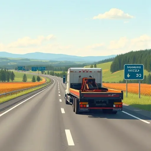 A realistic illustration of a tow truck driving along a highway between Voronezh and Moscow, with scenic Russian countryside, a clear sky, and subtle distance markers indicating the long journey, no text or letters