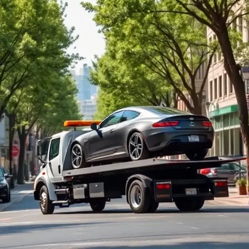 Эвакуатор на 14-й Парковой улице: Полное руководство A realistic urban scene showing a tow truck parked on a tree‑lined street, with a sleek car on a flatbed being lifted. The street has typical city buildings, street lamps, and subtle signage, but no visible text, numbers, or logos. The atmosphere is bright and detailed, focusing on the tow truck and the vehicle it is transporting.