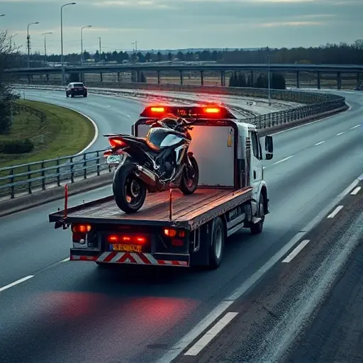 A tow truck lifting a motorcycle onto its platform, driving on a highway that suggests a route between Moscow and Rostov, with subtle road scenery and realistic lighting, detailed vehicles and road surface, no text or logos