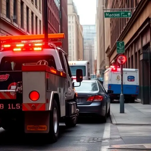 A tow truck parked on a narrow city street, with a car illegally parked in front of it, a city service vehicle in the background, city street signage, and a small city building. The scene should capture the tension of a tow operation in an urban setting, with the tow truck’s lights on and the car’s wheels partially lifted. The background should include subtle city architecture and a street sign indicating the name of the street. The overall composition should emphasize the contrast between the tow truck and the illegally parked vehicle, highlighting the urgency of the situation.