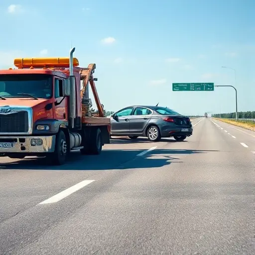 A tow truck on a highway between Moscow and Belgorod, pulling a broken-down car with visible mechanical issues, set against a clear sky and open road, emphasizing the concept of technical malfunction during transport