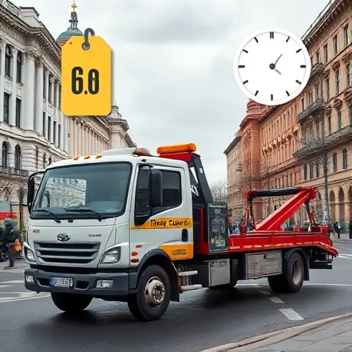 A tow truck parked on a Moscow street, with a floating price tag icon, a clock icon indicating time of day, and a calendar icon showing the day of the week, all depicted without any text, letters, or digits