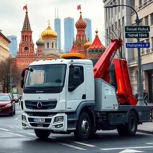 Эвакуатор Москва Новая Рига: Полное Руководство A realistic depiction of a modern tow truck parked on a busy Moscow street, with the iconic Moscow skyline in the background and subtle hints of the 'Новая Рига' area, such as a nearby sign or street name, all in a detailed, high-resolution style.