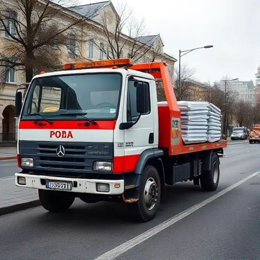 A realistic depiction of a tow truck parked on a Moscow street in the northern district, featuring a visible license plate and a stack of official documents on the side, all shown without any text, letters, or numbers.