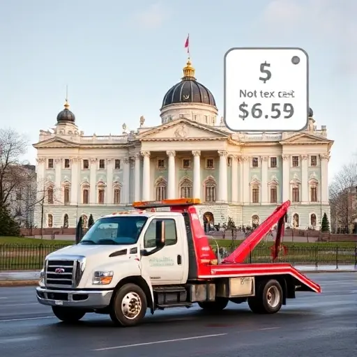 эвакуатор санкт петербург цены A tow truck parked in front of a recognizable Saint Petersburg landmark, such as the Winter Palace, with a floating price tag icon indicating cost, no text or numbers visible