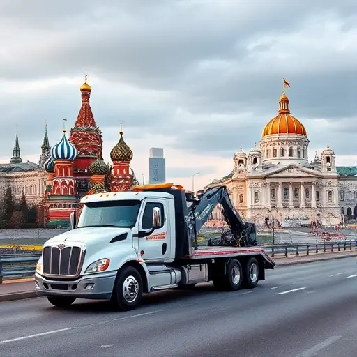эвакуатор москва петербург A realistic tow truck parked on a highway between Moscow and St. Petersburg, with the Moscow skyline on one side and the St. Petersburg skyline on the other, featuring iconic landmarks such as the Kremlin and the Hermitage, all depicted without any text, letters, or numbers