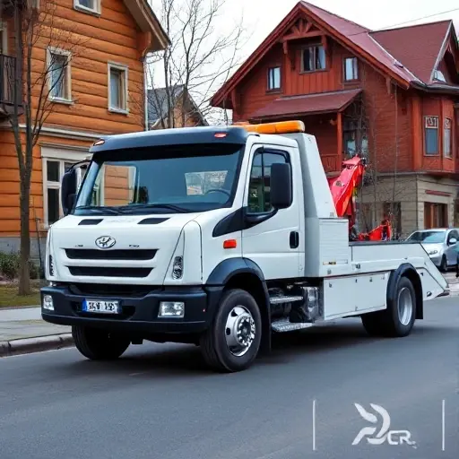 A modern tow truck parked on a street in Tobolsk, with the city’s iconic wooden architecture and a subtle hint of the local river in the background. The scene should convey professionalism and reliability of towing services, featuring a clean, well-maintained vehicle and a friendly, approachable atmosphere, without any text or signage visible.