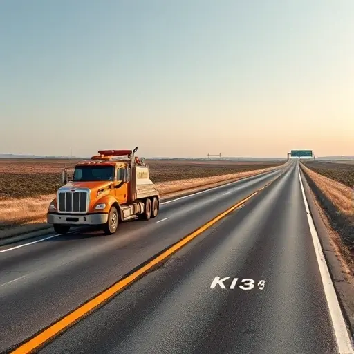 A tow truck parked on a highway with a distance marker on the road indicating kilometers, a road stretching into the horizon, all depicted in a realistic style without any text or digits