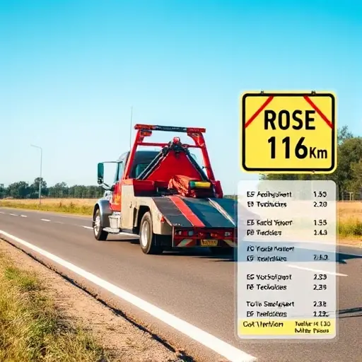 A realistic tow truck parked on a road with a clear view of a road sign indicating price per kilometer. In the background, a subtle overlay of a market overview chart showing different towing service options. The scene should be daytime, with a clear sky, and no text or lettering visible on the truck or signs.