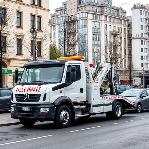A realistic scene of a tow truck parked on a street in Moscow's North-West Administrative Okrug (SZAO), with typical city buildings and a subtle hint of a traffic jam or a parked car needing assistance, conveying the idea of an affordable, reliable tow service. The focus is on the tow truck and the urban environment, without any text, logos, or identifiable faces.