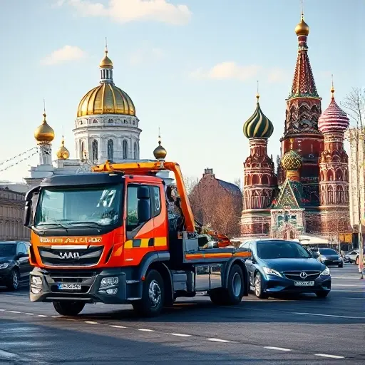 эвакуатор авто москва A modern tow truck pulling a car on a busy Moscow street, with recognizable city elements such as the Kremlin dome and St. Basil's Cathedral in the background, under a clear sky. The scene is realistic, detailed, and focused on the vehicle and urban setting, without any text or signage.