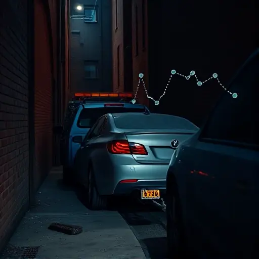 A realistic scene of a tow truck pulling a car out of a narrow, unnamed alley. The alley is dimly lit, with brick walls and scattered debris. The tow truck is a mid-size, blue model with a visible tow hook attached to the car's rear. The car is a compact sedan, partially covered by a tarp. In the background, a faint, translucent map overlay shows a dotted line indicating the distance to the destination. The overall composition conveys urgency and professionalism, with a subtle focus on the mechanics of the tow operation.