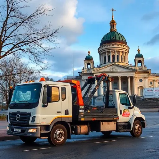 A tow truck parked near St. Isaac's Cathedral in Saint Petersburg, with a price tag icon on its side indicating cheap service, no text or letters, realistic style