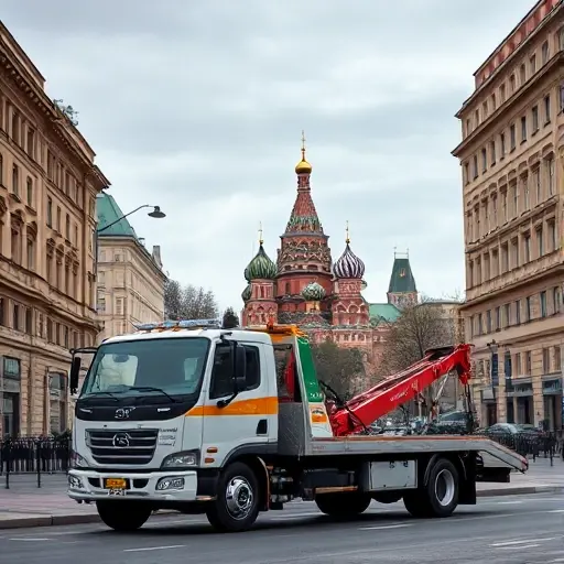 Стоянка Эвакуатора в Москве: Полное Руководство A tow truck parked on a Moscow street, surrounded by typical Russian city architecture and the silhouette of the Kremlin in the background, under a cloudy sky, with no visible text or signage