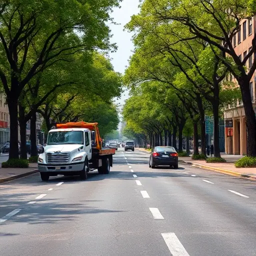 A tow truck pulling a small car on a wide, tree-lined avenue called Alley of Friendship of Peoples, with city buildings in the background and a clear sky, realistic lighting, no visible text or signage