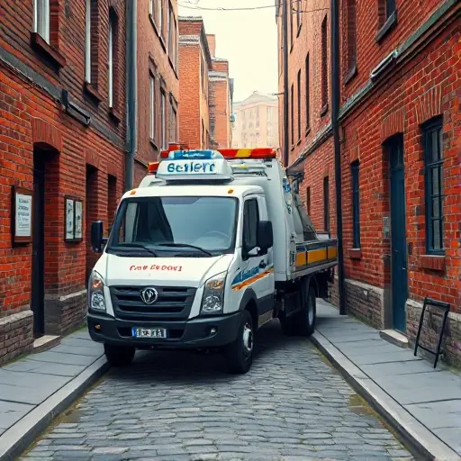 Эвакуатор в 1-м Дербеневском переулке: Полное руководство A realistic small-scale illustration of a tow truck (evacuator) parked on a narrow urban alley named 1st Derbenevsky Lane, with cobblestone pavement, old brick buildings on both sides, and a subtle hint of a cityscape in the background. The scene should convey a professional and helpful atmosphere, focusing on the vehicle and the alley environment, without any text or signage.