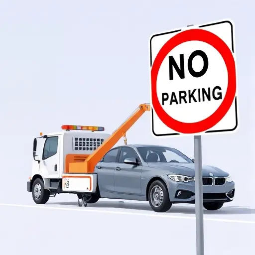 A tow truck pulling a car in front of a no parking sign, depicted in a smallHQ style, with no text, letters, or digits visible