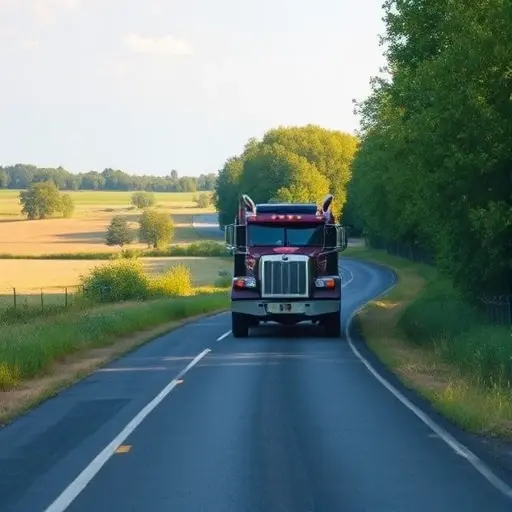 Эвакуатор по 3-му Загородному проезду: Полное руководство A sturdy tow truck driving along a quiet, winding country road surrounded by trees and open fields, under a clear sky, with the focus on the vehicle and the natural landscape, rendered in the smallHQ style