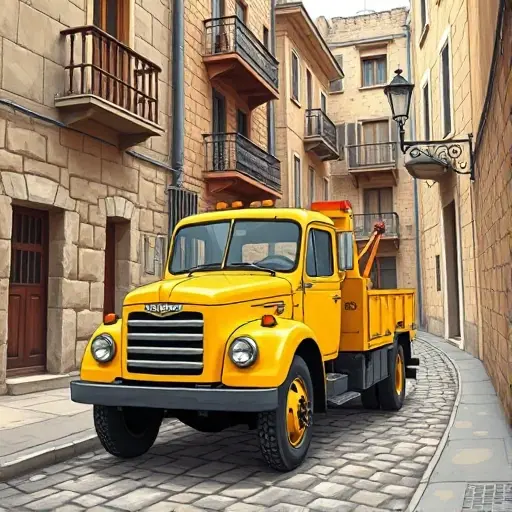 A detailed illustration of a classic yellow tow truck parked on a narrow cobblestone alley in an Armenian neighborhood, with stone buildings, balconies, and a street lamp. The tow truck should be in a realistic style, showing its front grille, headlights, and a small trailer attached. The scene should capture the atmosphere of a historic Armenian street, with warm lighting and subtle shadows.