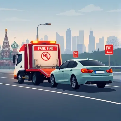 A realistic illustration of a tow truck pulling a car from a Moscow parking fine station, showing the city skyline in the background, with clear signage indicating a fine station, but no text or letters visible.